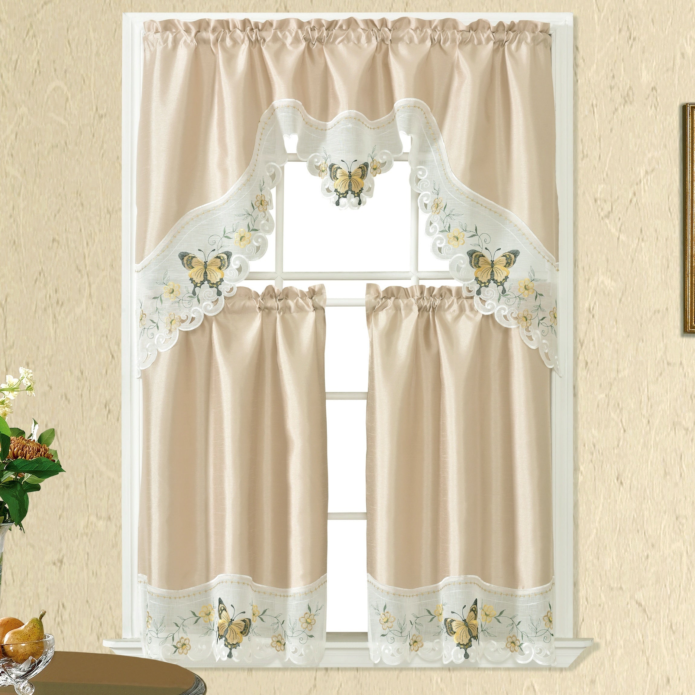 1 SET 3pcs/set Polyester plain fabric with beige floral lace, machine- pink blue gray burgundy butterfly pattern curtains, suitable for home decoration, bathroom, living room, bedroom, kitchen, outdoor decor, villa, wedding,